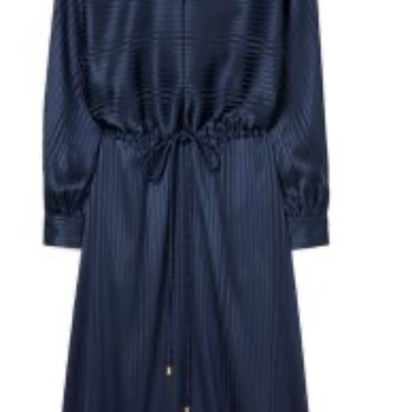 Stripe Long Sleeve Drawstring Silk Maxi Dress - Blue - Picture 3 of 4